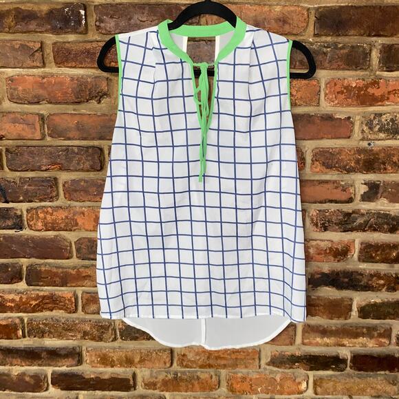 Jealous Tomato White Blue Green Plaid Sleeveless Keyhole Blouse Size Small - Picture 1 of 6